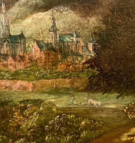 17th century - 17th century Flemish Old Master painting - Vast landscape with a fortified 
