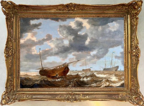 17th century Dutch seascape, Stormy sea with a Dutch Hoy - Paintings & Drawings Style 