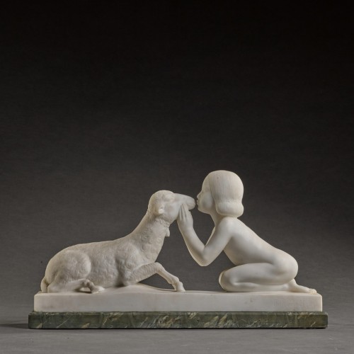 Sculpture Sculpture en Marbre - La jeune fille et l'agneau - Charles Raphaël PEYRE (1872-1949)