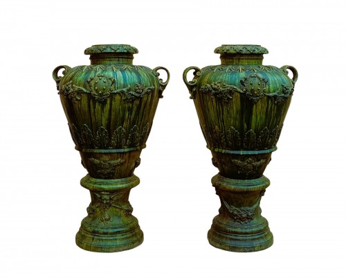Pair of large terracotta jars painted in ramin green. Late 18th early 19th 