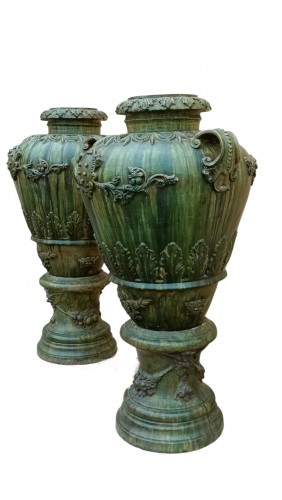 Architectural & Garden  - Pair of large terracotta jars painted in ramin green. Late 18th early 19th 