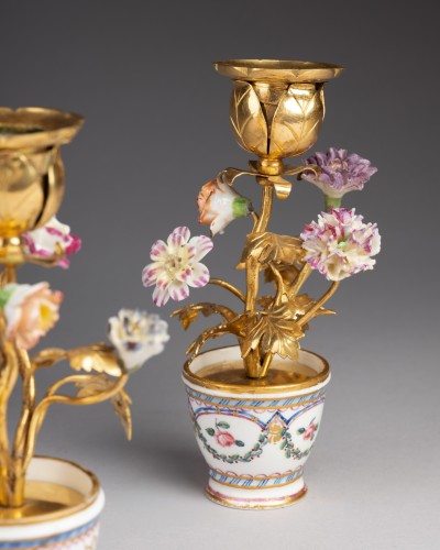Porcelain & Faience  - Pair of Sèvres porcelain egg cups mounted as candlesticks