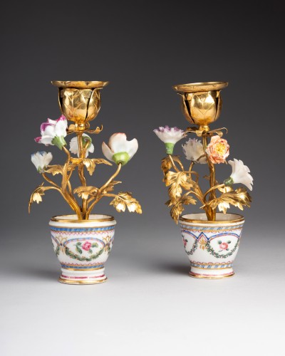 18th century - Pair of Sèvres porcelain egg cups mounted as candlesticks