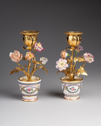 Pair of Sèvres porcelain egg cups mounted as candlesticks - Louis XVI