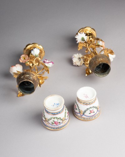 Louis XVI - Pair of Sèvres porcelain egg cups mounted as candlesticks