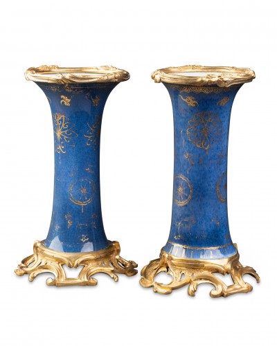 Pair of powder blue ground vases mounted in bronze, circa 1760