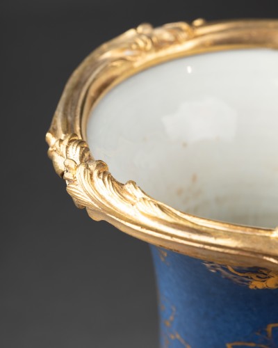 Louis XV - Paire de vases à fond bleu poudré monté bronze vers 1760