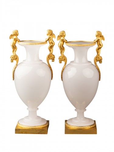 Pair of Opaline Glass Vases in the "Soap Bubble" and Gilt Bronze Shape, Cir