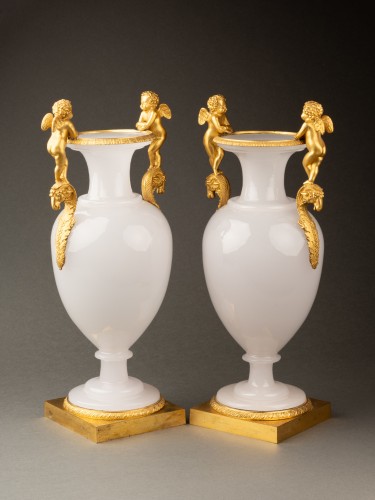 Pair of Opaline Glass Vases in the "Soap Bubble" and Gilt Bronze Shape, Cir - 