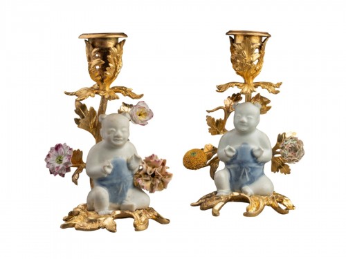Pair of Bronze and Chinese Porcelain Candlesticks, Louis XV Period