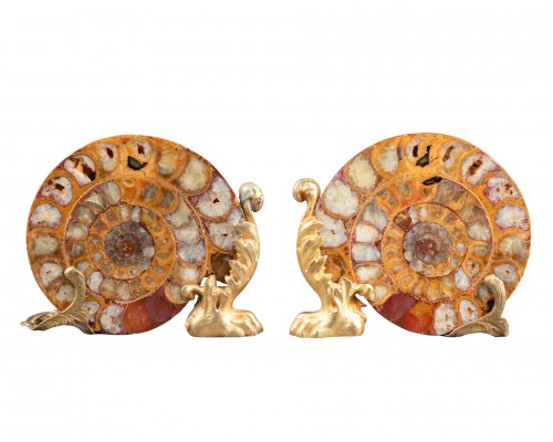 Paire d’ammonites fossiles montées bronze vers 1820-1840