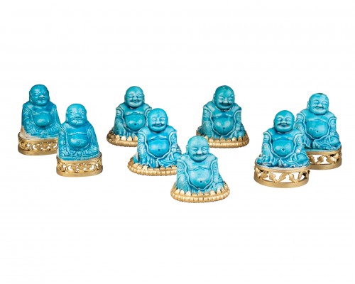 Collection de huit figures de Budai en biscuit turquoise, Chine 18e