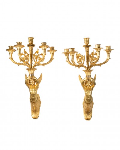 Pair of wall lights featuring winged children, Paris, Empire period