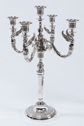 Paire de grands candélabres combinables en argent, Paris époque Empire - Luminaires Style Empire