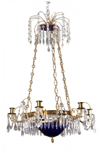 Crystal, blue glass and bronze chandelier, Sweden circa 1800