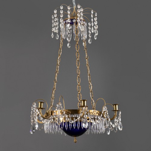 Antiquités - Crystal, blue glass and bronze chandelier, Sweden circa 1800