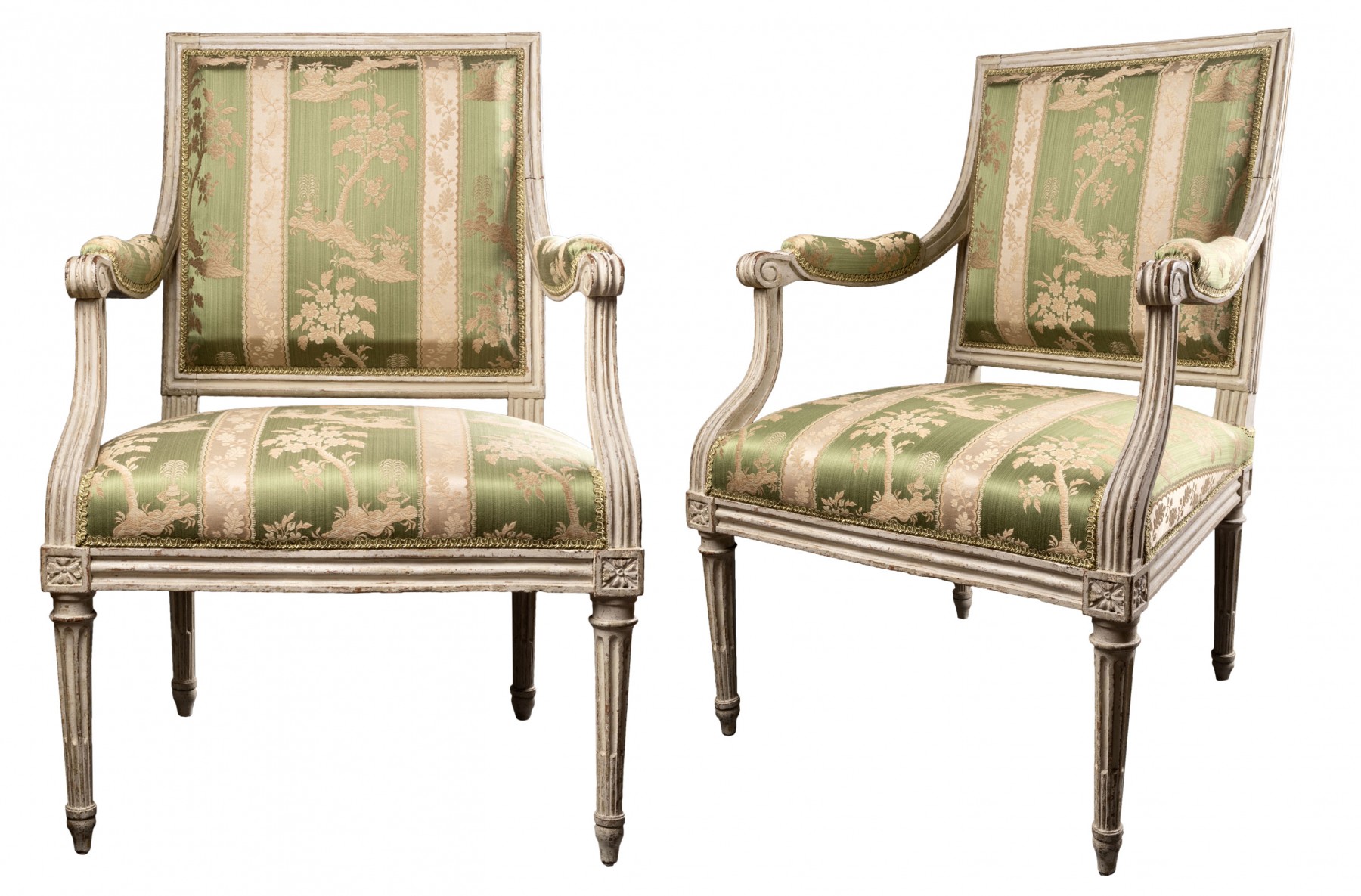 French louis xvi green silk arm chairs