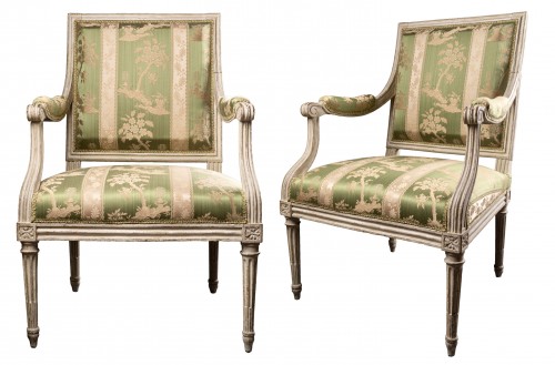 Pair of 19th C. French Louis XVI Style Walnut Fauteuils à la Reine  Armchairs - Le Louvre French Antiques