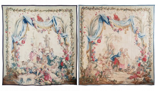 Paire de tapisseries en laine et soie, manufacture de Beauvais vers 1785