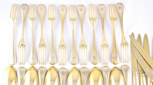 Antiquités - PUIFORCAT - Solid silver vermeil cutlery set for 12 persons, Paris