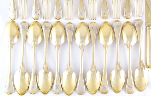 Antiquités - PUIFORCAT - Solid silver vermeil cutlery set for 12 persons, Paris