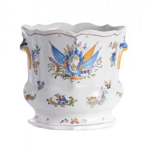18th C. Moustiers faience Louis XV Wine Cooler, Trophy Decor Known as “Fontenoy”