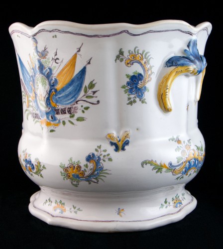 Porcelain & Faience  - 18th C. Moustiers faience Louis XV Wine Cooler, Trophy Decor Known as “Fontenoy”