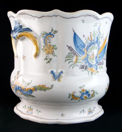 18th century - 18th C. Moustiers faience Louis XV Wine Cooler, Trophy Decor Known as “Fontenoy”