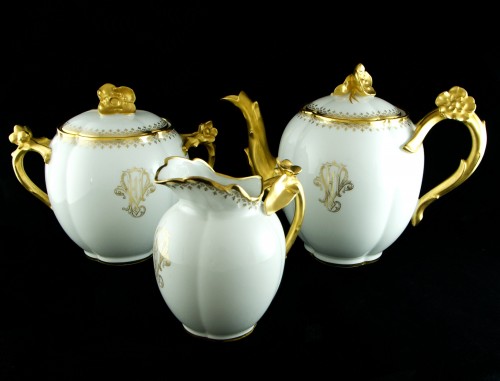 GUÉRIN &amp; Cie Limoges – 27-Piece Gilt Porcelain Tea Coffee Cherry Blossoms - Porcelain & Faience Style 