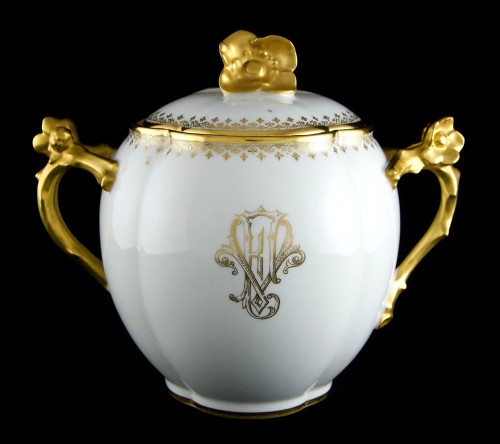 Antiquités - GUÉRIN &amp; Cie Limoges – 27-Piece Gilt Porcelain Tea Coffee Cherry Blossoms