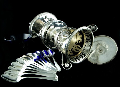 Empire - Confiturier d’époque Empire et ses 12 cuillers en argent massif par Léonard CHATENET