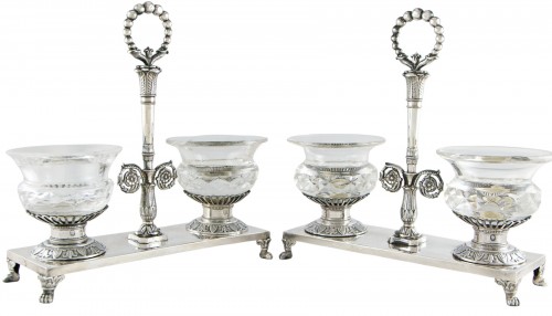 Pair of Double Salt Cellars in Solid Silver by BASCHELET, Paris 1819-1838