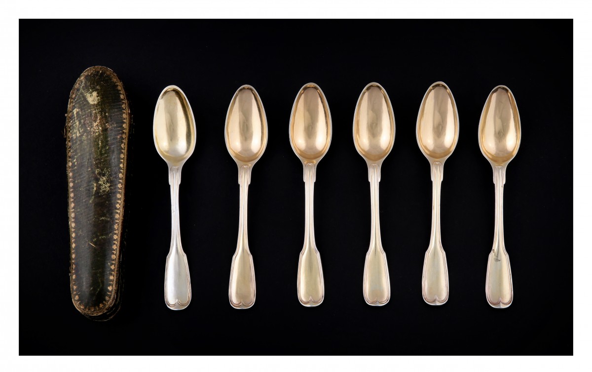 6 PETITES CUILLERES A CAFE MOKA RENAISSANCE ARGENT MASSIF VERMEIL SILVER  SPOON