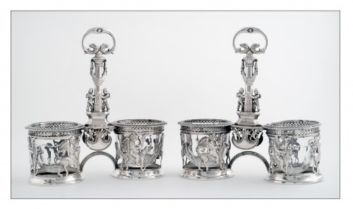 Paire de salières / salerons doubles en argent massif, Paris 1819-1838 - Argenterie et Orfèvrerie Style Restauration - Charles X