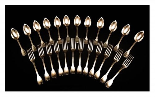 Set of twelve silver gilt spoons and forks by D. Gueulin, Verdun, 1819-1838