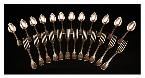 Set of twelve silver gilt spoons and forks by D. Gueulin, Verdun, 1819-1838 - silverware & tableware Style Restauration - Charles X