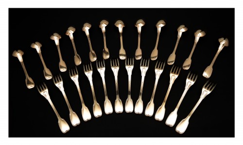Antique Silver  - Set of twelve silver gilt spoons and forks by D. Gueulin, Verdun, 1819-1838