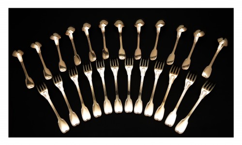 silverware & tableware  - Set of twelve silver gilt spoons and forks by D. Gueulin, Verdun, 1819-1838