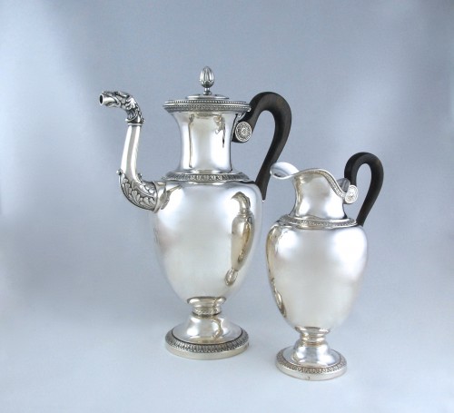 Antiquités - Coffee or tea pot and its milk pot in solid silver, Paris 1819-1838