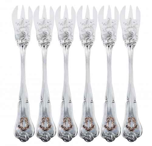 CARDEILHAC goldsmith - Six melon forks in sterling silver and pink gold