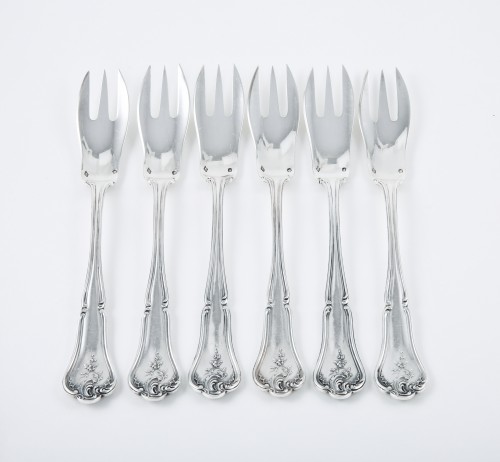 19th century - CARDEILHAC - Six melon forks in sterling silver and pink gold