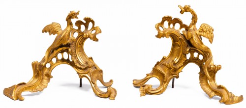 Pair of French gilded bronze chenets with dragons, Louis XV, 18th century