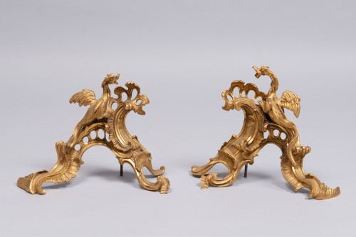 Pair of French gilded bronze chenets with dragons, Louis XV, 18th century - Decorative Objects Style 