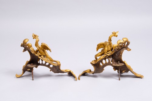 Decorative Objects  - Pair of French gilded bronze chenets with dragons, Louis XV, 18th century