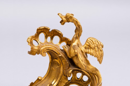 18th century - Pair of French gilded bronze chenets with dragons, Louis XV, 18th century