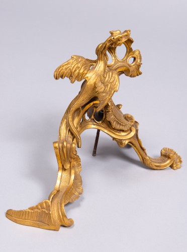 Pair of French gilded bronze chenets with dragons, Louis XV, 18th century - 