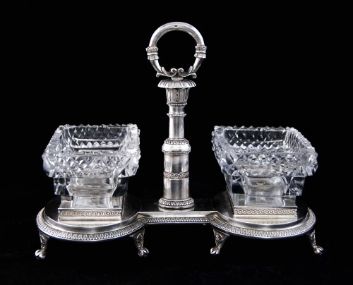 Antiquités - Paris 1819-1838 - Paire de salières doubles en argent et cristal par D.T. Legrand