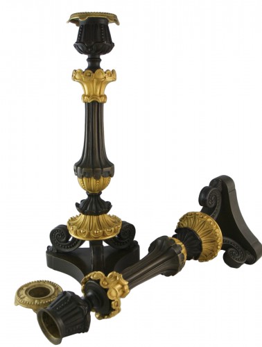 Pair of patinated and gilded bronze candlesticks, Louis XVIII period c.1820