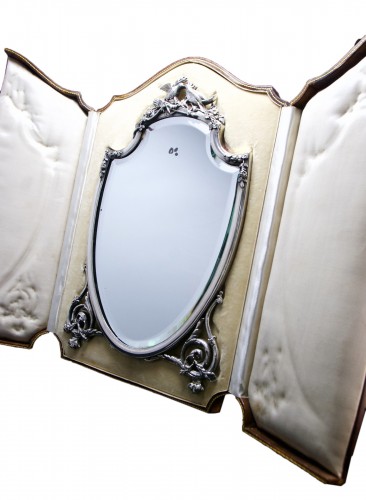 Shield shaped tabletop mirror in sterling silver in leather case, c. 1900