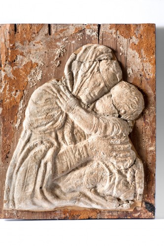 Virgin and Child, embossed leather bas-relief, first half of the 15th century  - Religious Antiques Style Renaissance